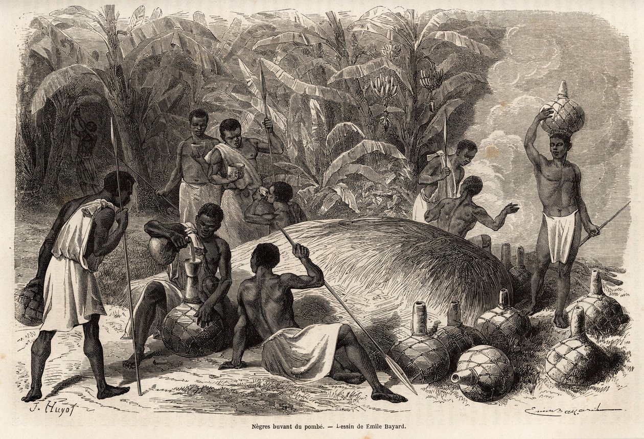 Degustación del pombe (bebida alcohólica por fermentación), en el Karague (oeste del Lago Victoria, en la actual Zimbabue), dibujo de Emile Bayard (1837-1891), ilustrando el viaje de descubrimiento del Capitán Speke en África de 1860 a 1863. Grabado en "Le de Emile Antoine Bayard