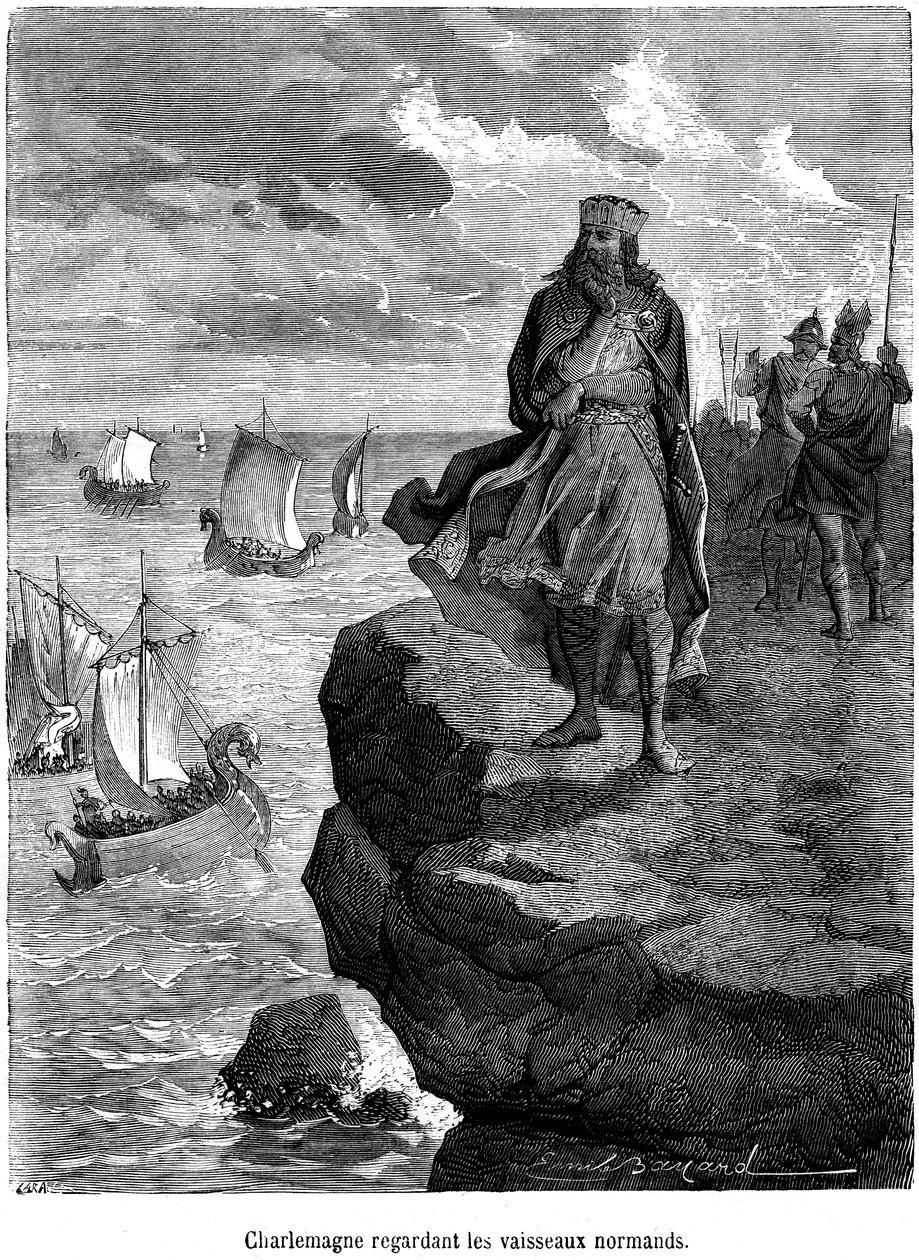 El emperador Carlomagno observa la llegada de barcos normandos a la costa francesa - barcos vikingos y guerreros - drakkar, navegación escandinava, invasión nórdica - grabado de Emile Bayard ilustrando “La historia de la Francia popular” de Henri Martin de Emile Antoine Bayard