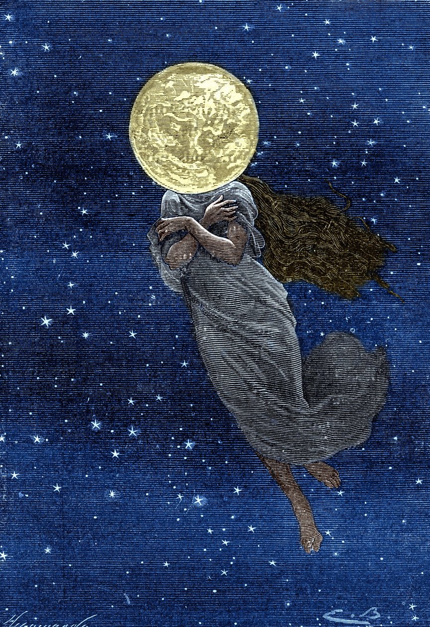 Grabado (por Emile Bayard) del libro de Julio Verne “Alrededor de la Luna” (edición Hetzel/Viajes extraordinarios 1870): Descripción de la luna dibujada con el cuerpo de una joven (texto de J. Verne) de Emile Antoine Bayard