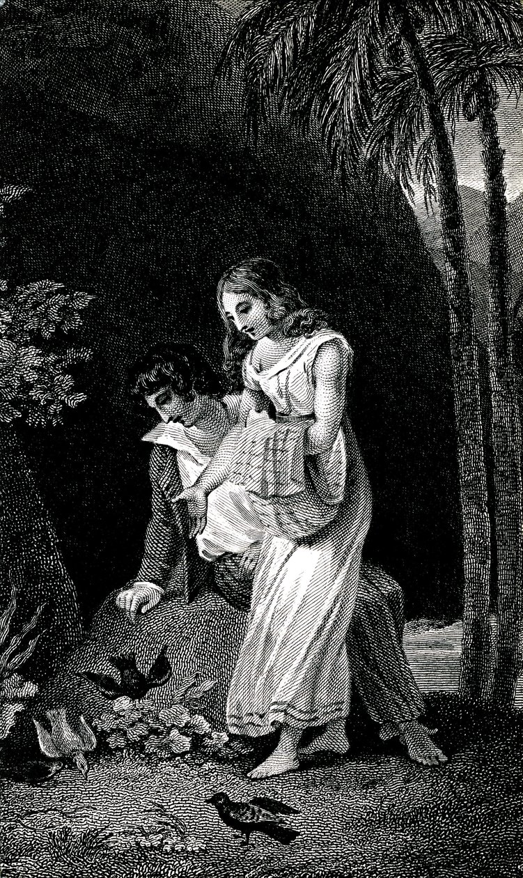 Grabado que ilustra una edición de finales del siglo XIX de la novela de Jacques-Henri Bernardin de Saint Pierre: Paul et Virginie. Los pájaros aterrizan sin miedo cerca de la joven pareja de amantes en el bosque. Dibujo de de Emile Antoine Bayard
