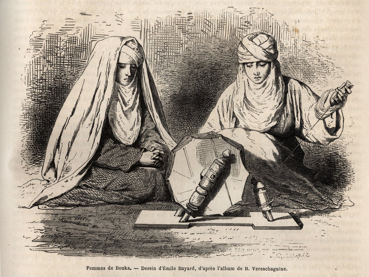 Mujeres de Bujará (Uzbekistán), trabajando en su labor de hilar, grabado después de un dibujo de Emile Bayard, para ilustrar el viaje de Basile Vereschaguine a Asia Central en 1867-1868, publicado en "Le tour du monde" 1873, editado por Edouard Charton de Emile Antoine Bayard