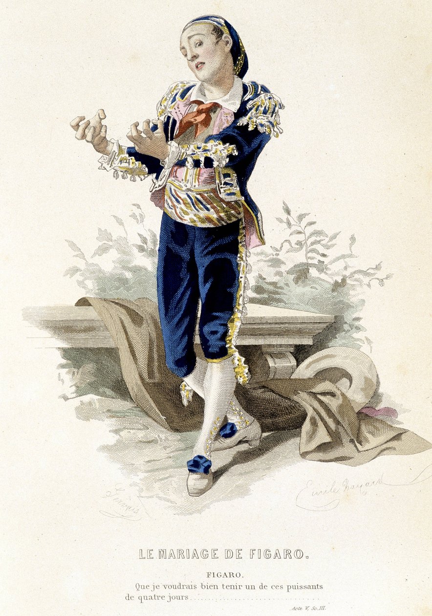 Fígaro en “Las bodas de Fígaro” - en “Obras completas de Beaumarchais”, dibujos de Emile Bayard, ed. Laplace Sanchez & cie, París de Emile Antoine Bayard