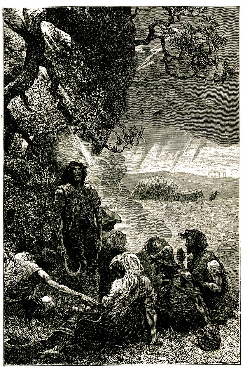 Grupo de cosechadores alcanzados por un rayo mientras se refugiaban bajo un árbol durante una tormenta de Emile Antoine Bayard