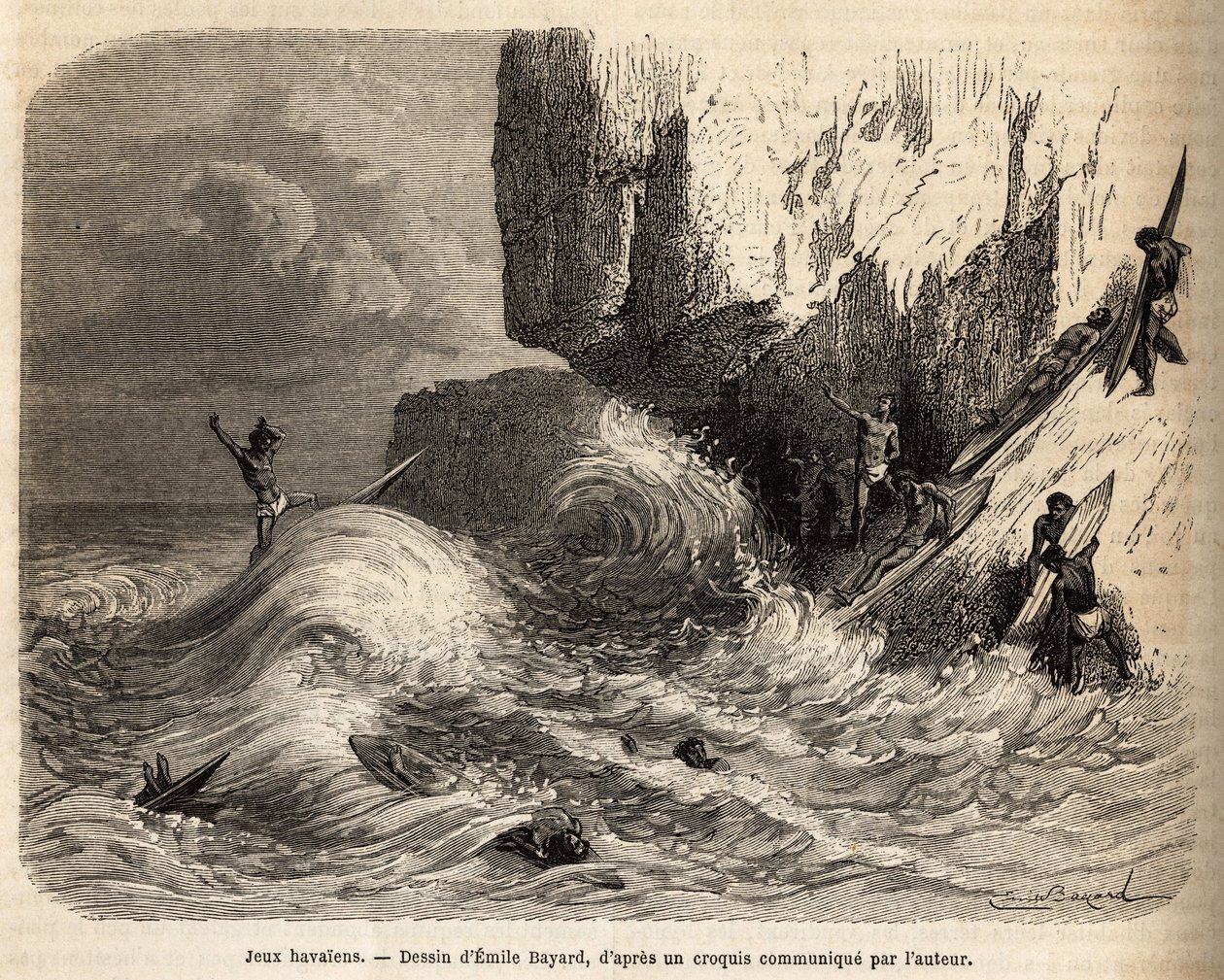 Juegos hawaianos, en el precipicio de Mokapuu, en la isla de Oahu, los habitantes se distraían practicando su juego favorito: el surf, grabado después del dibujo de Emile Bayard, ilustrando el viaje a las Islas Sandwich, en 1855-1869 de Emile Antoine Bayard