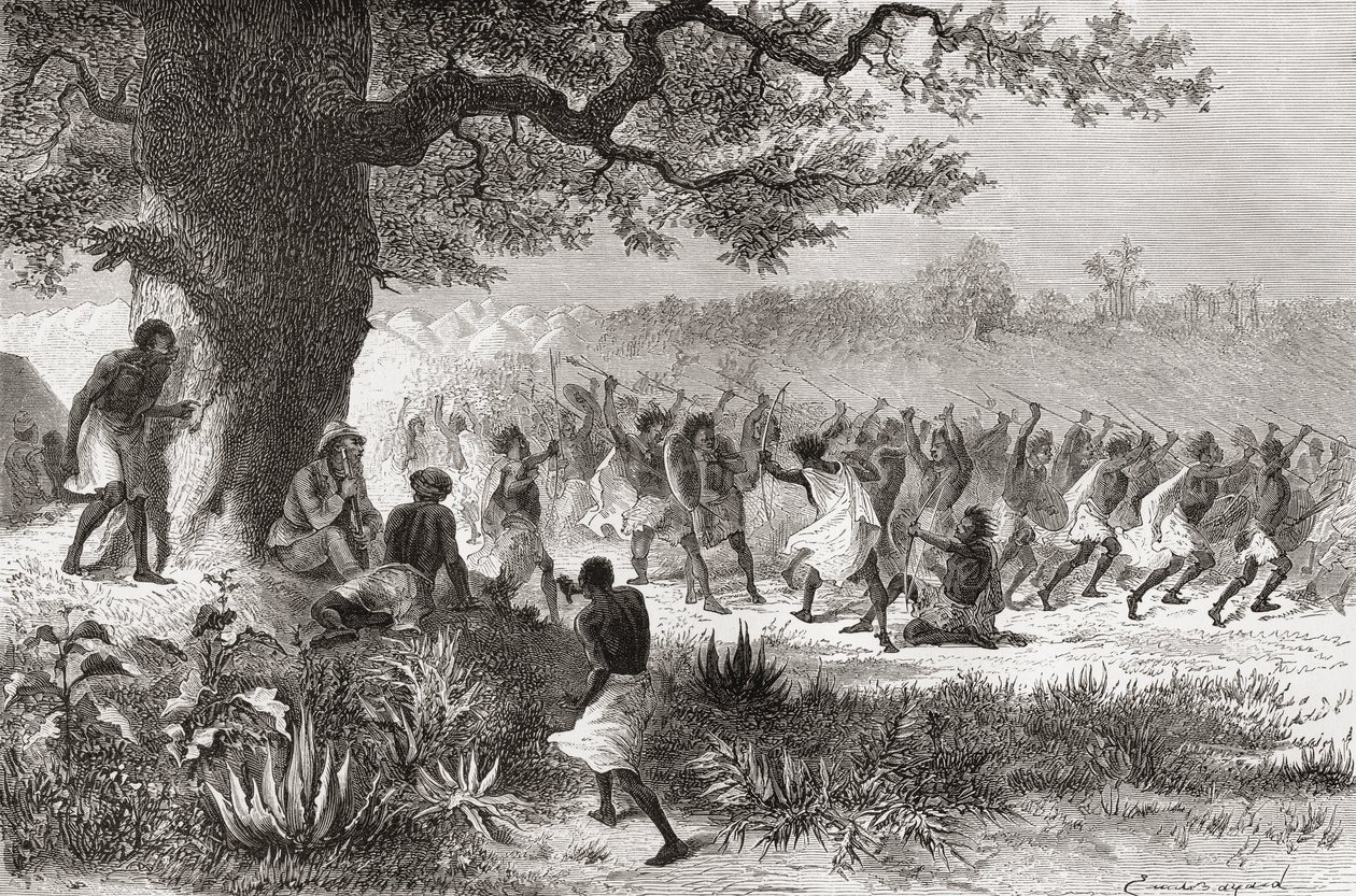 Henry Morton Stanley observando a la tribu Vouagogos preparándose para la batalla durante su expedición en 1871, ilustración de 