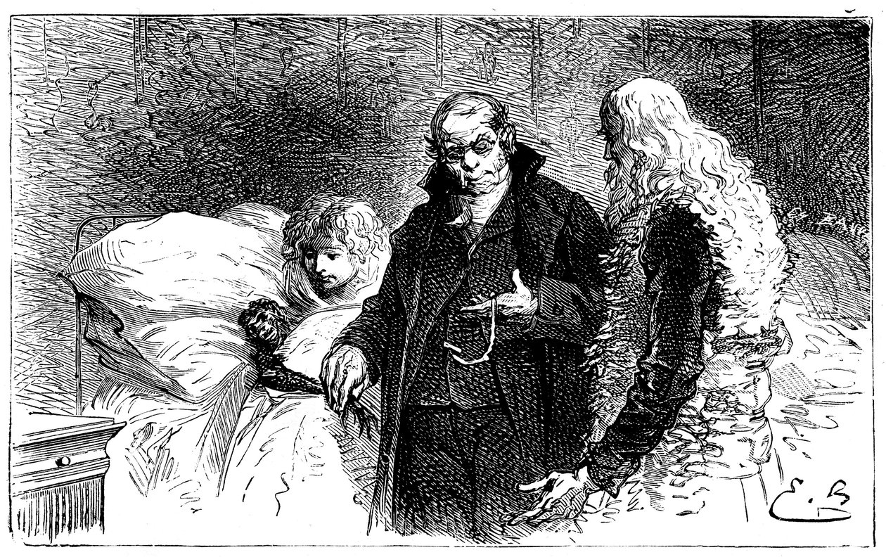 Ilustración de Emile Bayard para la novela de Hector Malot “Sans Famille”: Joli-Coeur (corazón bonito), el mono científico enfermo es examinado por un médico (auscultado por un médico que le quita el pollo) en presencia de Remi y Monsieur Vitalis de Emile Antoine Bayard