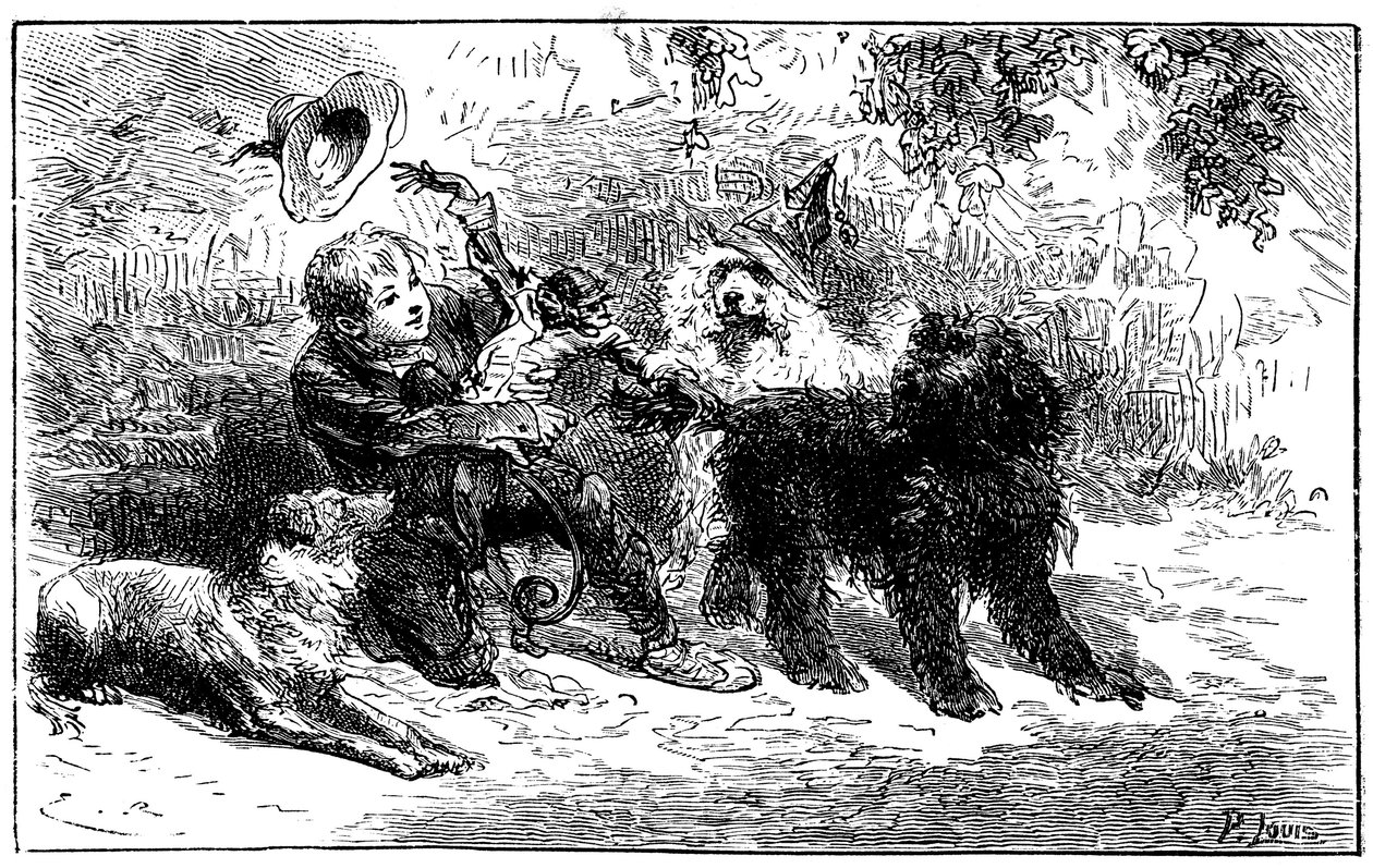 Ilustración de Emile Bayard para la novela de Hector Malot "Sans Famille": Remi juega con sus amigos, los animales sabios de la troupe de Monsieur Vitalis, artista itinerante - Joli-Coeur (corazón bonito), el mono y los tres perros Capi, Zerbino y Dol de Emile Antoine Bayard
