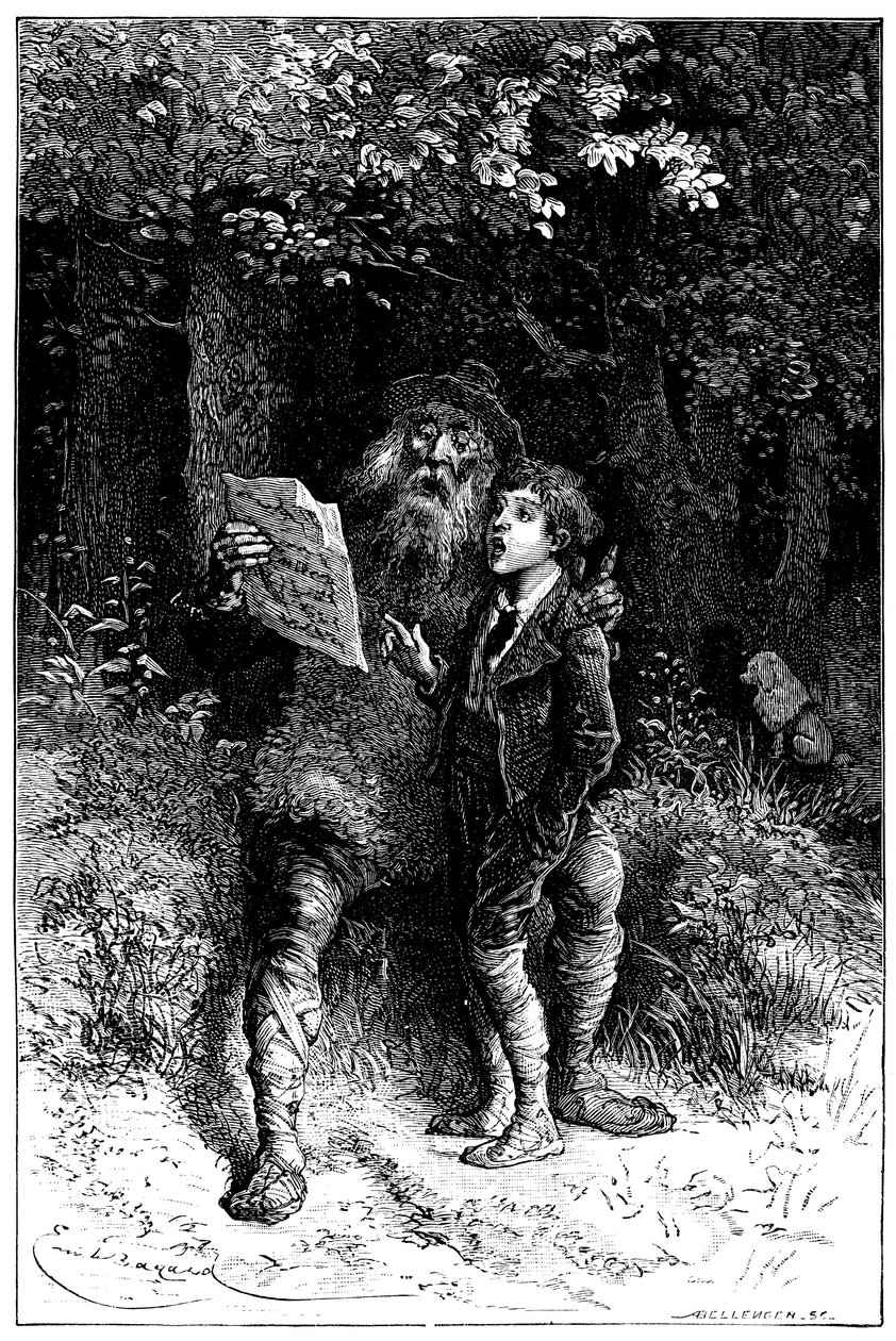 Ilustración de Emile Bayard para la novela de Hector Malot "Sans Famille": Remi canta con Monsieur Vitalis, artista itinerante - músico callejero, saltimbanqui - Edición Hetzel 1880 de Emile Antoine Bayard