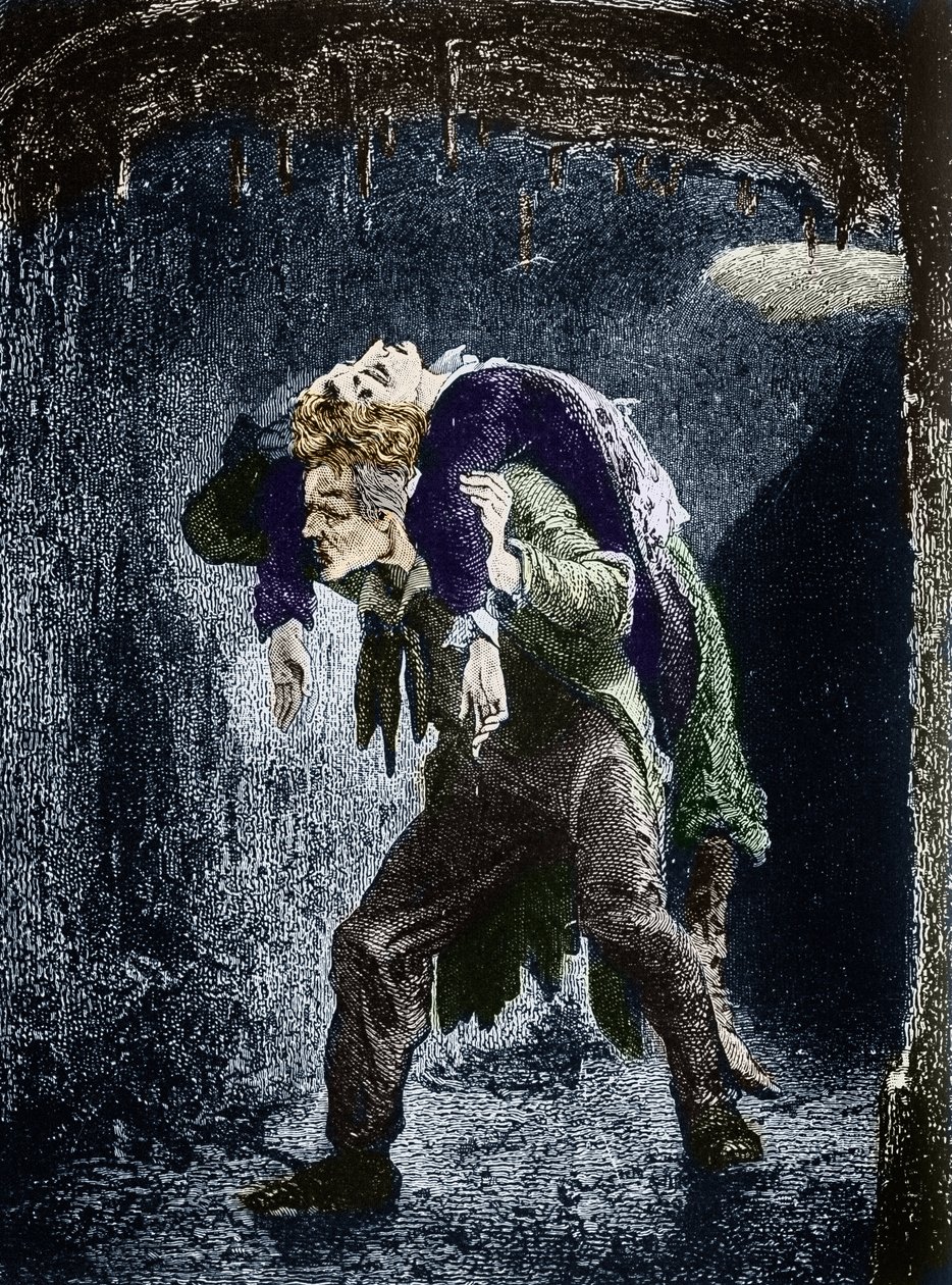 Jean Valjean, Marius herido a la espalda, huyendo en las aguas de París Ilustración de la novela "Los Miserables" de Victor Hugo (1802-1885) Ilustración de Emile Bayard - (Jean Valjean lleva a Marius a la espalda, a través de las alcantarillas de París) Gr de Emile Antoine Bayard