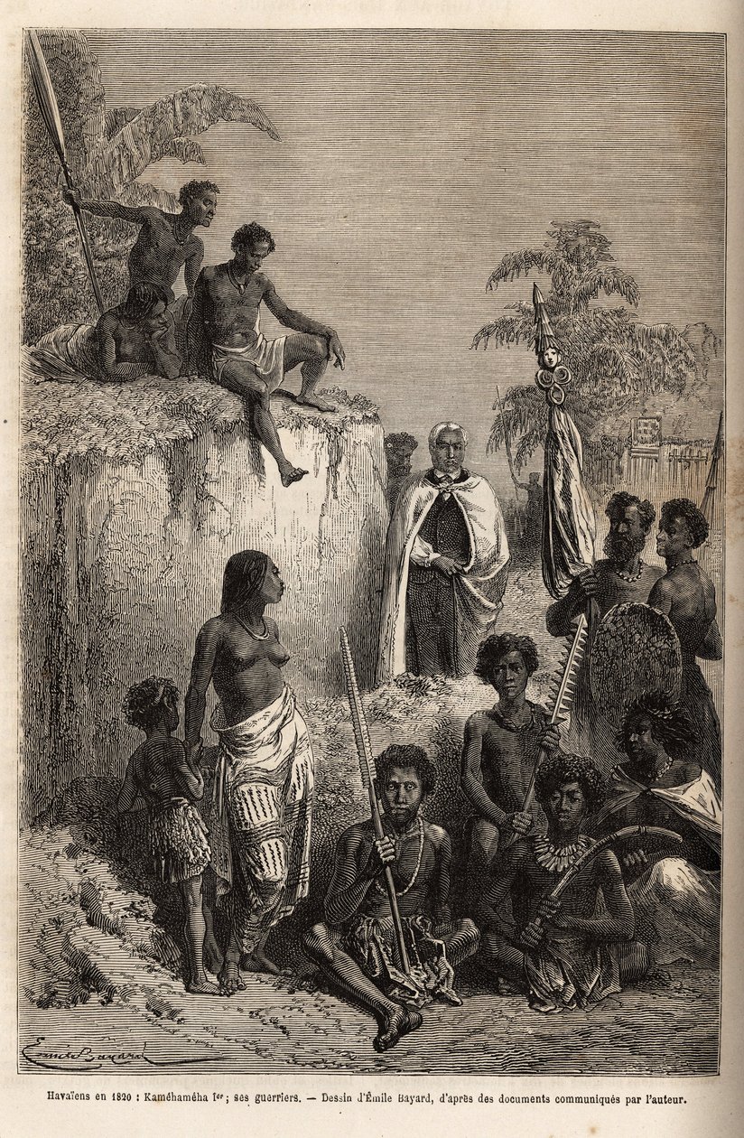 Kamehameha I (ca. 1758-1819), rey de las Islas Hawaianas y fundador de su unidad, rodeado de guerreros hawaianos y algunos súbditos en Honolulu, grabado según el dibujo de Emile Bayard, ilustrando el viaje a las Islas Sandwich, en 1855-69, por C de Emile Antoine Bayard