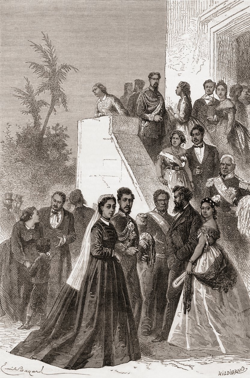 Kamehameha V, en el centro, con su familia, ilustración de 