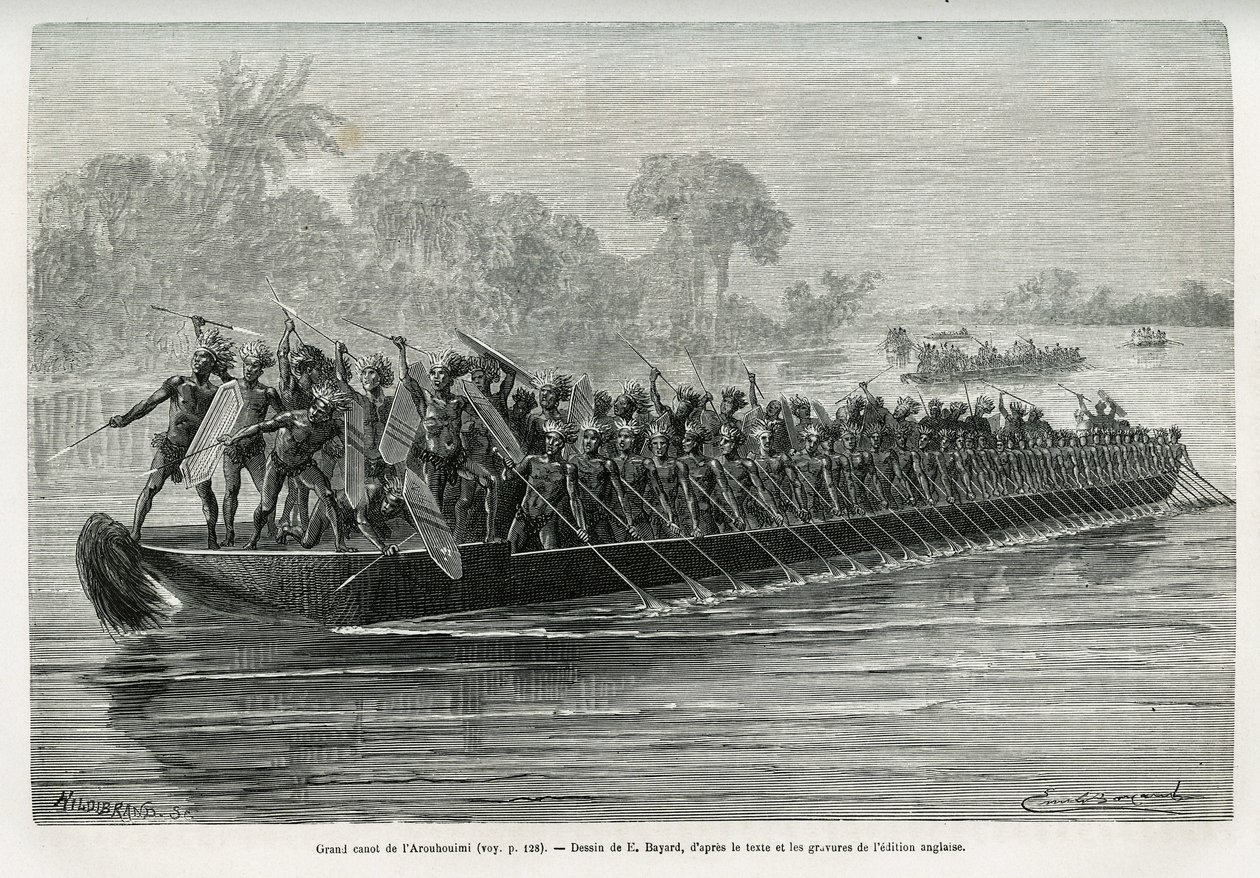 Gran canoa de los Arouhouimi, cargada con 40 remeros de pie y veinte guerreros armados, en el río Livingstone (Congo), dibujo de Emile Bayard, para ilustrar la historia “A través del continente misterioso”, viaje realizado entre 1874-1877, por Sir H.M. Sta de Emile Antoine Bayard