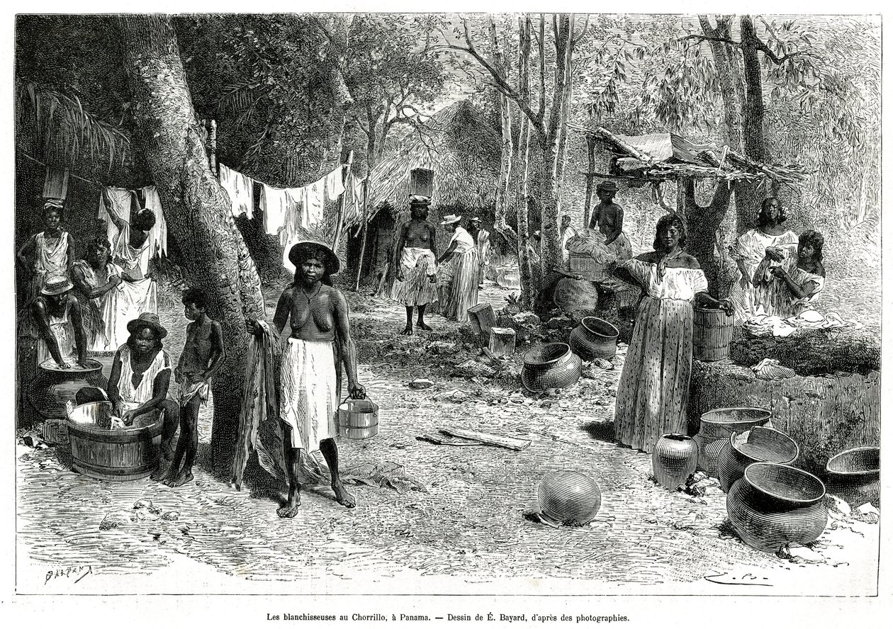 Las lavanderas en Chorillo, Panamá, grabado según un dibujo de E.Bayard, para ilustrar la historia Exploración en el istmo de Panamá y Darién, por A. Reclus, teniente de navío, de 1876 a 1878, publicado en Le tour du monde, bajo la dirección de Edouard Cha de Emile Antoine Bayard