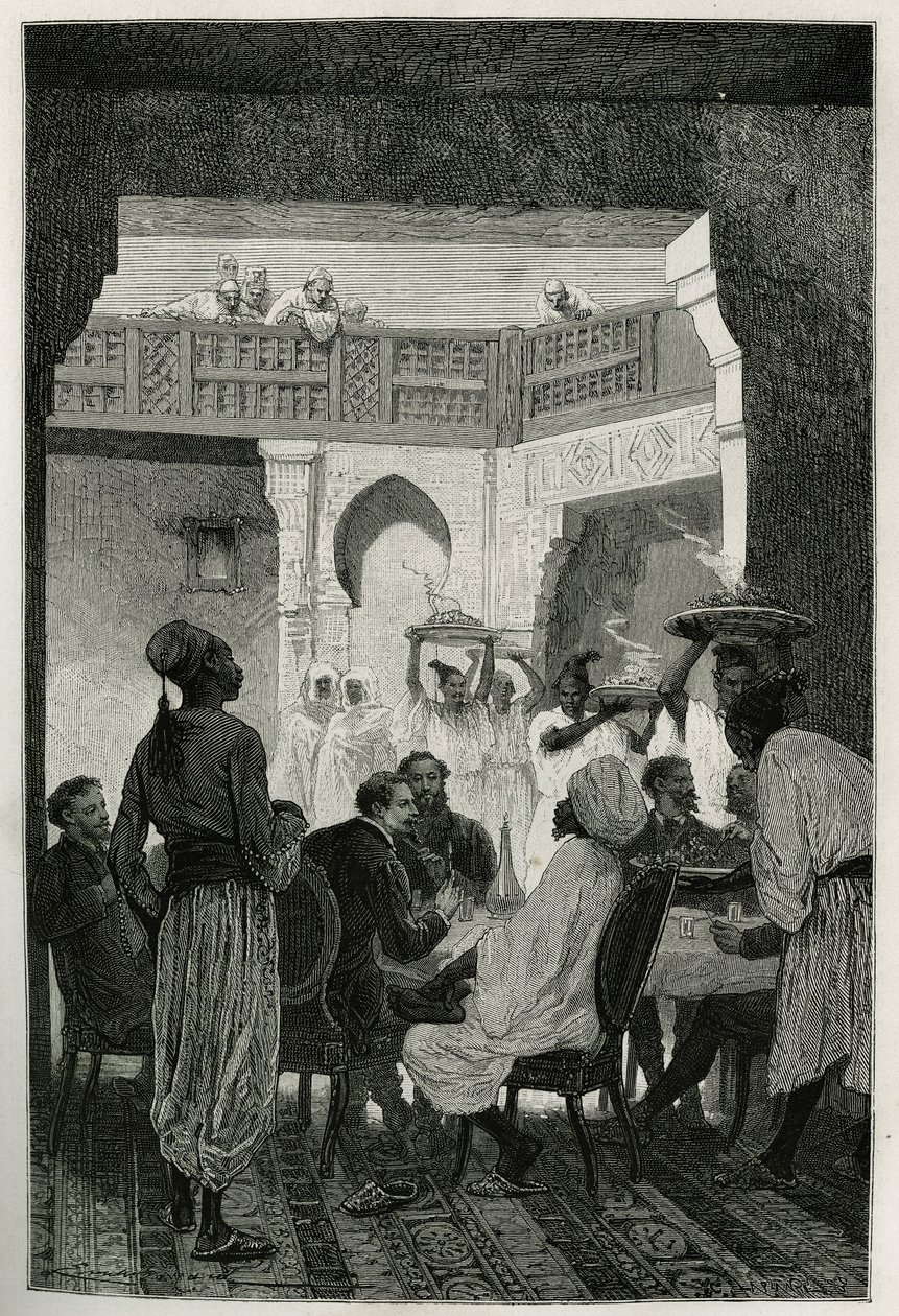 Almuerzo en la casa del ministro de guerra, con turbante, frente al autor de la historia, llegando por el patio, una fila de sirvientes llevando los platos de la comida, grabado por Emile Bayard, para ilustrar la historia de Marruecos por Edmondo de Amicis de Emile Antoine Bayard