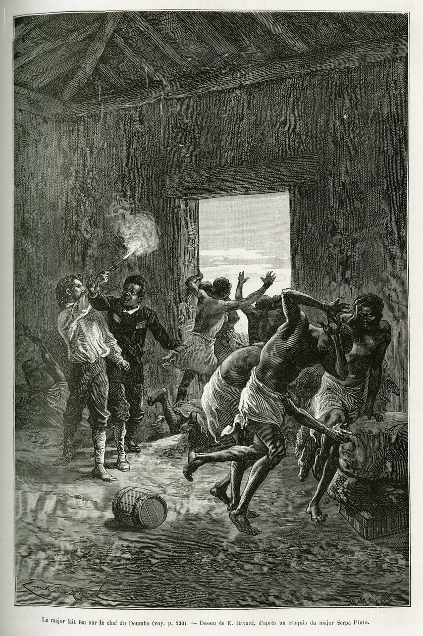 El Mayor Serpa Pinto disparó al jefe del pueblo o se detuvo porque exigía aún más brandy a cambio de su hospitalidad. Grabado por Emile Bayard, para ilustrar la historia de cómo atravesé África, del Océano Atlántico al Océano Índico, por el Mayor de Emile Antoine Bayard