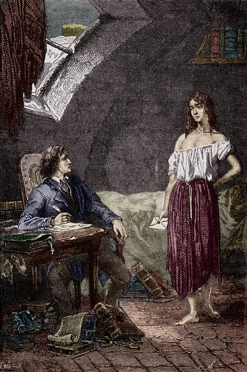 Marius y Eponine, hija mayor de los Thenardier y enamorada de Marius Ilustración de la novela "Los Miserables" de Victor Hugo (1802-1885) Ilustración de Emile Bayard - (Eponine Thenardier (niña Jondrette) y Marius) Grabado Colección particular de Emile Antoine Bayard
