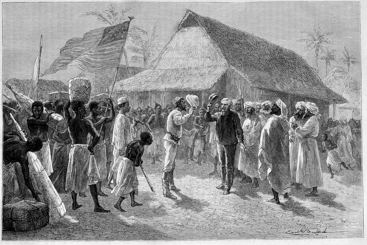Encuentro entre Sir Henry Morton Stanley (1841-1904) y David Livingstone (1813-1873), en "Le Tour du Monde" de Emile Antoine Bayard