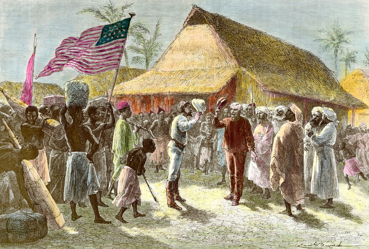Encuentro en Ujiji a orillas del lago Tanganica entre Henry Morton, un explorador y periodista de Gales (1841-1904) y David Livingstone, un misionero explorador escocés del continente africano (1813-1873), el 10 de noviembre de Emile Antoine Bayard