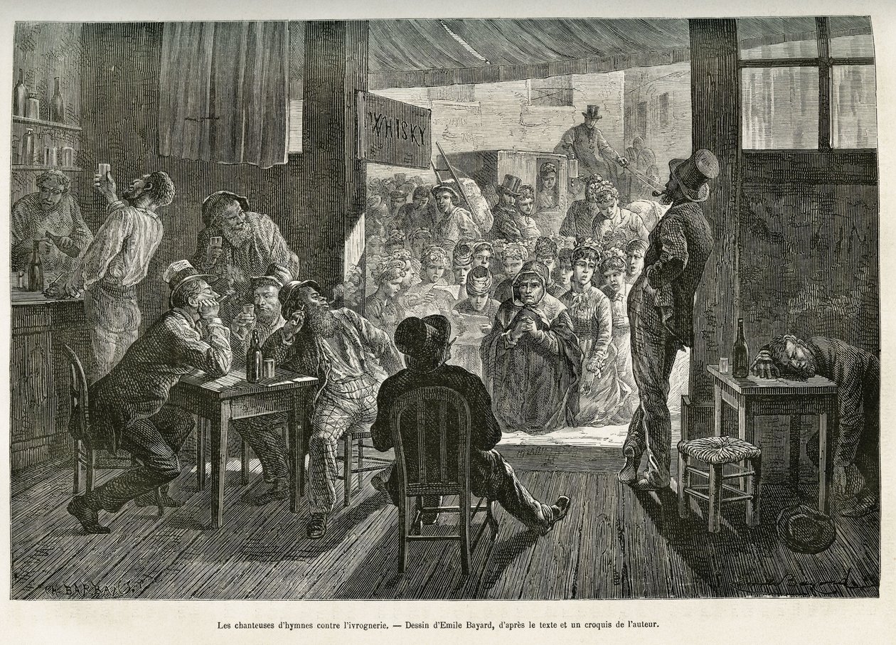 Cantantes de himnos borrachos de Mother Carey reunidos en la entrada de un bar de whisky de Ohio para luchar contra el florecimiento del alcoholismo. Dibujo de Emile Bayard para ilustrar la historia La conquête blanche, de William Hepworth Dixon, en 1875,  de Emile Antoine Bayard
