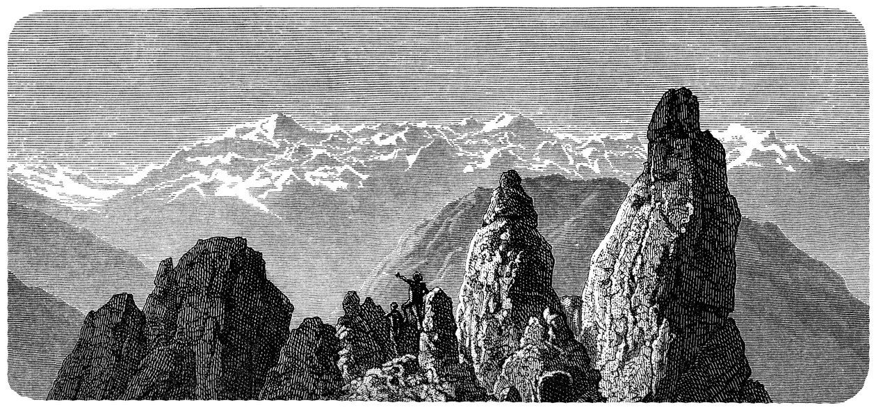 Cima de la montaña llamada Pierre a Voir cerca de los baños de Saxon en Valais, Alpes Suizos. Ilustración de Emile Bayard para el libro de Albert Dupaigne "Las Montañas", edición Mame 1881 de Emile Antoine Bayard