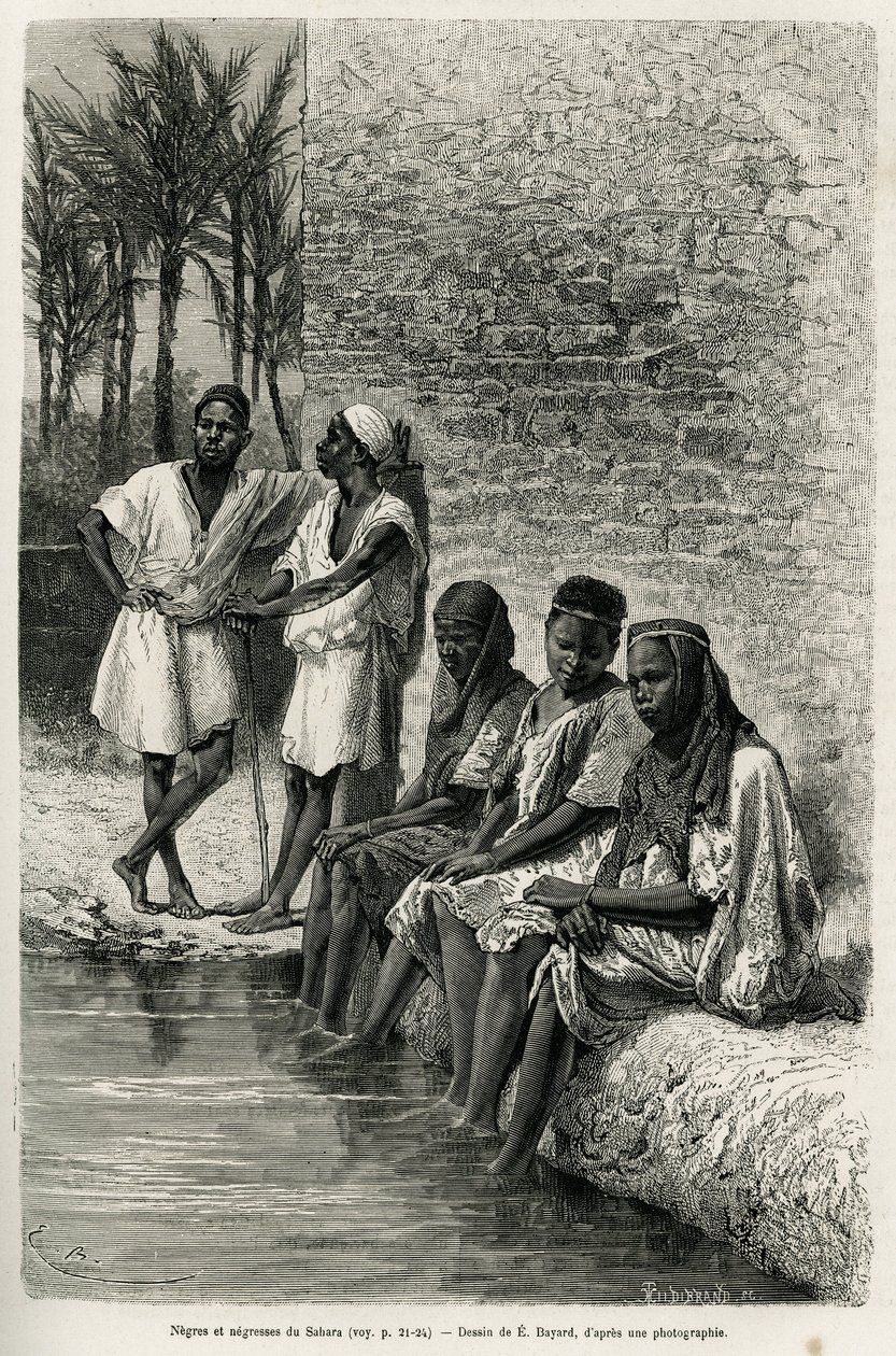Negros y negras del Sahara, en las orillas del Oued Rihr. Grabado por E.Bayard, para ilustrar el Sahara argelino, por V.Largeau, en 1874-1878, publicado en el Tour du monde, bajo la dirección de Edouard Charton (1807-1890) de Emile Antoine Bayard