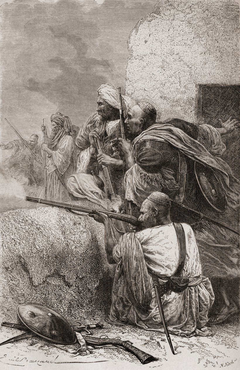 Rebeldes afganos del norte luchando contra los británicos en las montañas de Hazara, Pakistán, durante el dominio británico, 1878 de Emile Antoine Bayard
