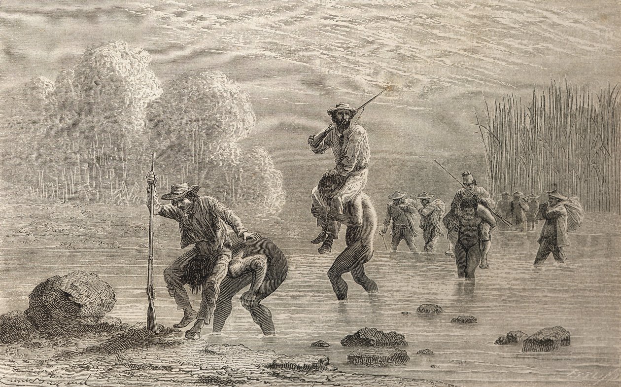 Paul Marcoy y su expedición siendo llevados a través de un pantano en Argentina por indios Chuncho en 1874, ilustración de 