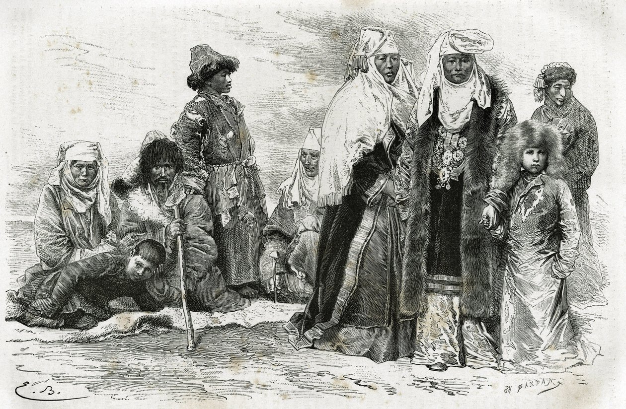 Mujeres kirguís pobres y ricas. Grabado por Emile Bayard, para ilustrar impresiones de viaje de Orenburg a Samarcanda, por Marie de Ujfalvy-Bourdon, entre 1876 y 1878, en el Tour du monde, dirigido por Edouard Charton de Emile Antoine Bayard