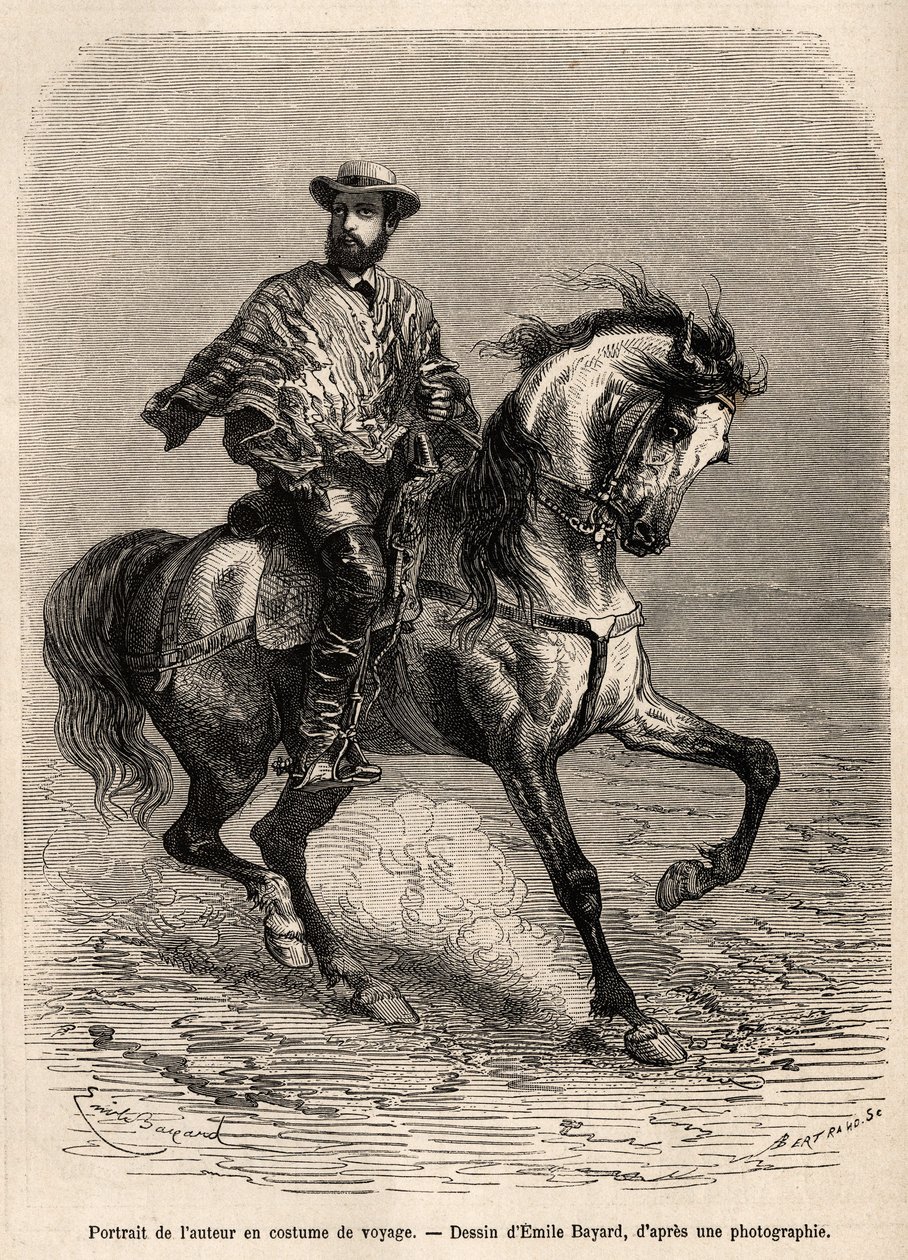 Retrato del autor, en su montura, vistiendo su traje de viaje, grabado después de un dibujo de Emile Bayard ilustrando la historia sobre el desierto de Acatama y Caracoles (Sudamérica), por el ingeniero A. Bresson, en 1870-1874, publicado en 