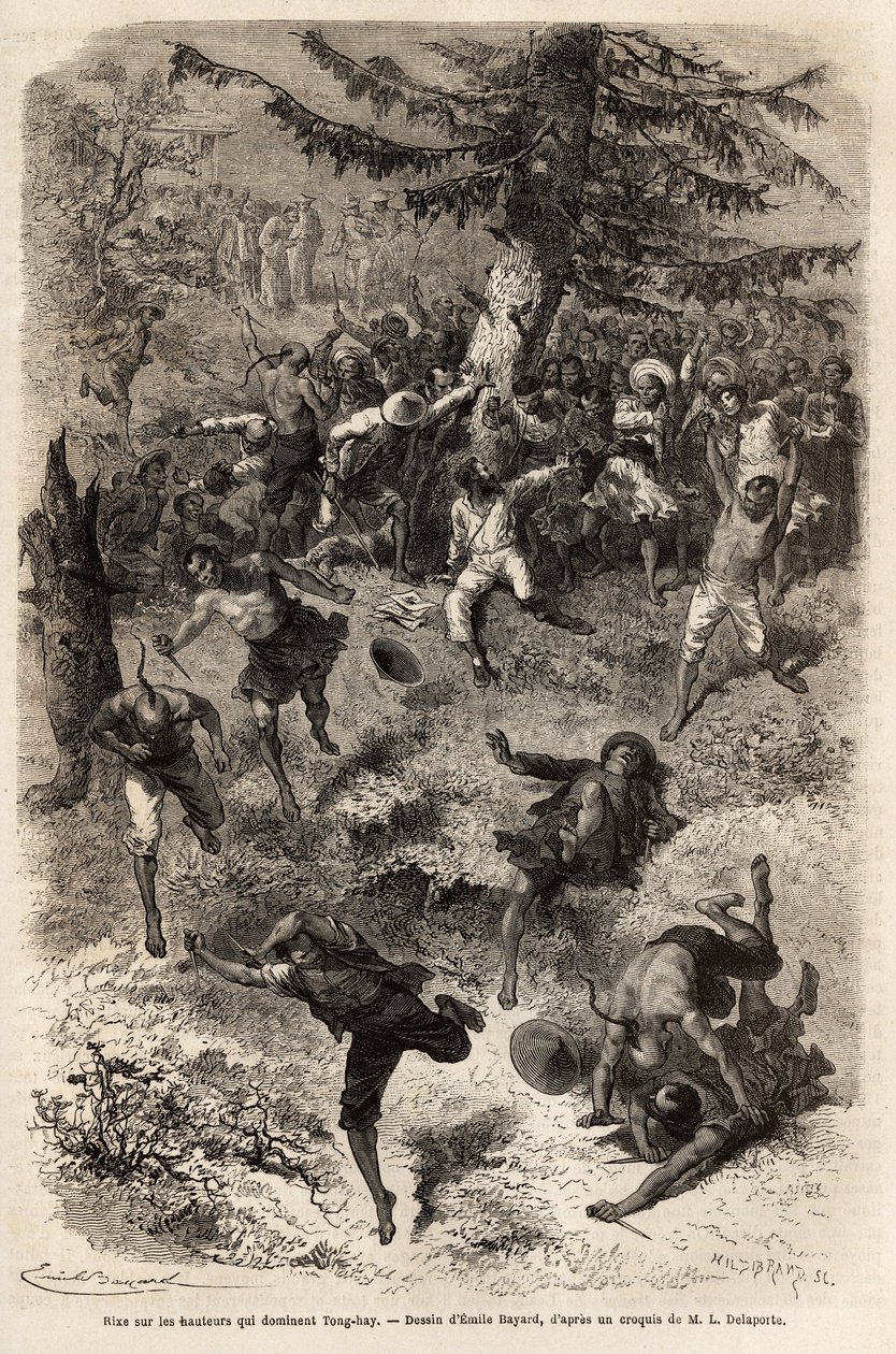 Pelea en las alturas que dominan Tong-hay (o Tong hay), uno de los miembros de la expedición que se quedó en las alturas de la ciudad para dibujar por naturaleza, es seguido por una multitud de curiosos, que declaran una pelea general, cada uno deseando ve de Emile Antoine Bayard