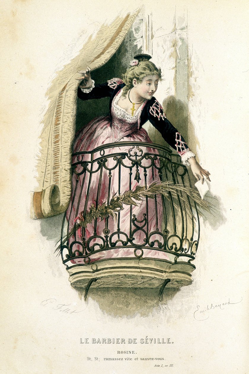 Rosine en "Le barbier de Seville" - en "Oeuvres complètes de Beaumarchais", dibujos de Emile Bayard, ed. Laplace Sanchez & cie, París de Emile Antoine Bayard
