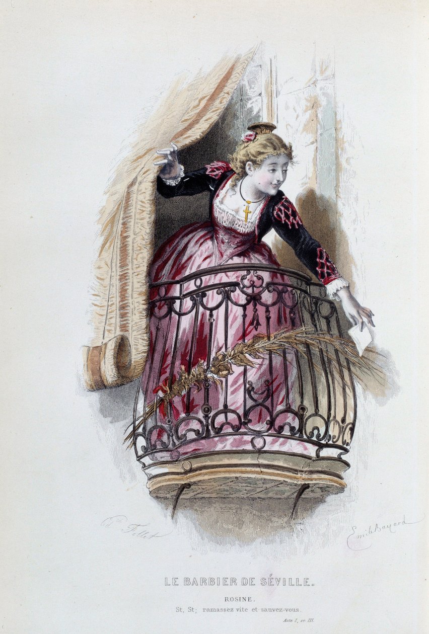Rosine en "El barbero de Sevilla" por Pierre Augustin Caron de Beaumarchais (1732-1799), dibujos de Emile Bayard (1837-1891) de Emile Antoine Bayard