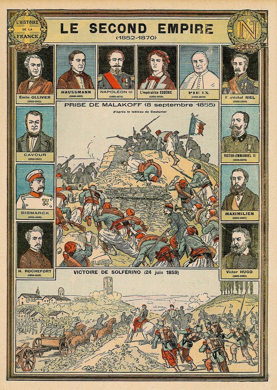 Segundo Imperio 1852 a 1870 - captura de Malakoff 8 de septiembre de 1855 - victoria de Solferino 24 de junio de 1859 - Emile Ollivier, Barón Haussmann, Napoleón III, Emperatriz Eugenia, Papa Pío IX, Mariscal Niel, Víctor Manuel II de Italia. de Emile Antoine Bayard