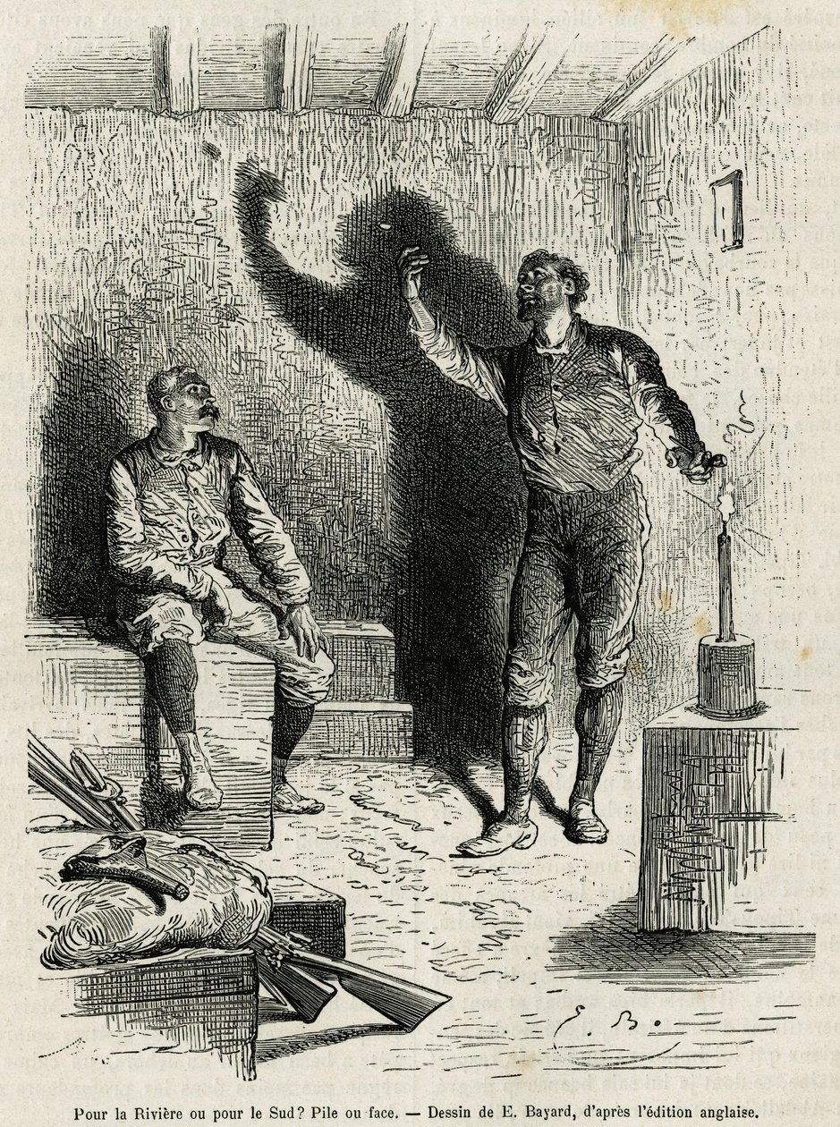Sir Henri Morton Stanley (1841-1904) y Franck Pock, su compañero de exploración, deciden a cara o cruz el itinerario de su viaje, dibujo de Emile Bayard, para ilustrar la historia “A través del Continente Misterioso” (África Ecuatorial), un viaje c de Emile Antoine Bayard