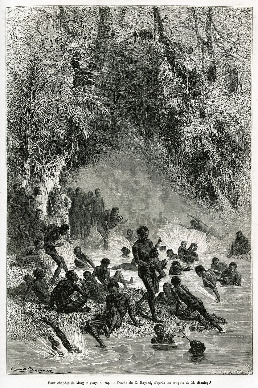 Sir Henri Morton Stanley (1841-1904) en medio de los bañistas de la región de Karagoué (Camerún), que se sumergen en el agua caliente y medicinal de la garganta de Mtagata, dibujo de Emile Bayard, para ilustrar la historia “A través del Continente Misterio de Emile Antoine Bayard