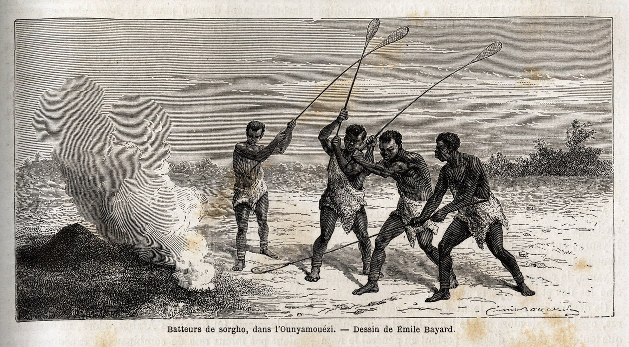 Tamborileros de sorgo, en el ounyamouezi (región de los Grandes Lagos, África), dibujo de Emile Bayard (1837-1891), ilustrando el viaje de descubrimiento del Capitán Speke en África de 1860 a 1863. Grabado en Le tour du monde, editado por Edouard Charton de Emile Antoine Bayard
