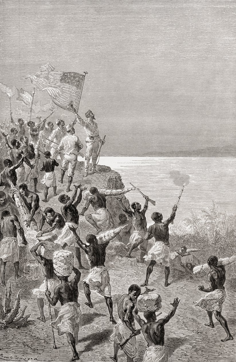 Stanley y la primera vista de su expedición del lago Tanganica, África Oriental, en 1872, ilustración de 