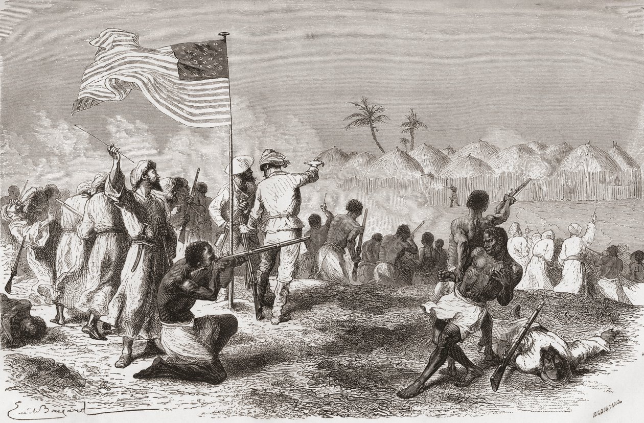 Ataque de Stanley a Zimbizo durante su expedición en 1871, ilustración de 