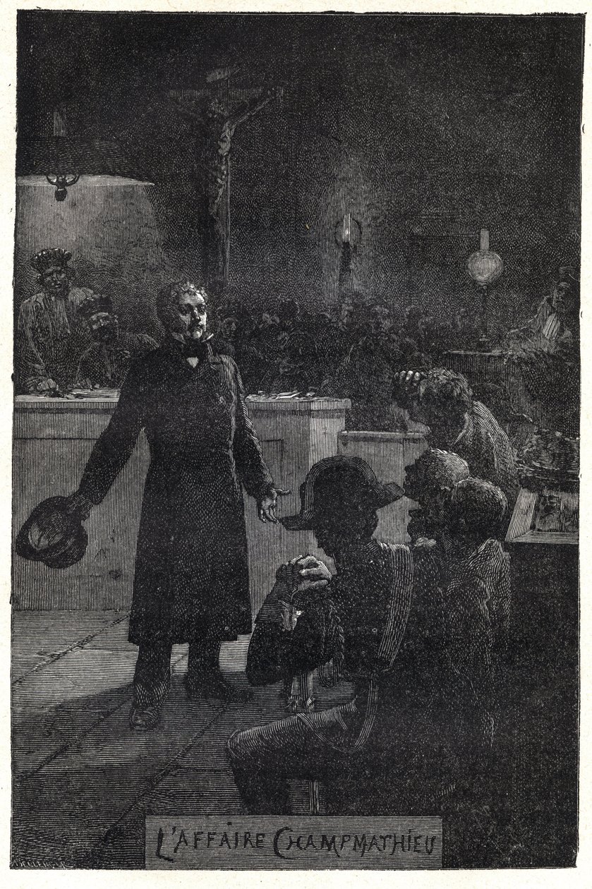El caso Champmathieu: Monsieur Madeleine revela su verdadera identidad en el juicio de un hombre pobre, Champmathieu, su doble, para evitar que sea condenado en su lugar "Soy Jean Valjean" - Ilustración de Emile Bayard (1837-1891) para Los Miserables de Emile Antoine Bayard