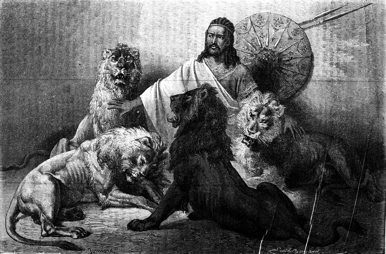 El Emperador (ras) Theodoros de Abisinia rodeado por sus leones. Grabado de mediados del siglo XIX. Ilustración de Emile Bayard. de Emile Antoine Bayard