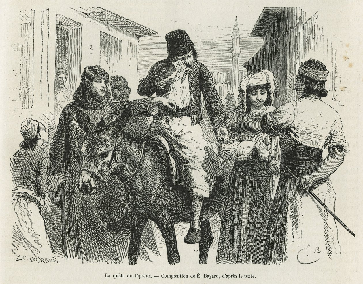 La búsqueda de Leproux en Chio, dibujo de Emile Bayard, para ilustrar la historia "La isla de Chio" (Turquía Oriental), en 1877, por el Dr. A.Testevuide. Grabado en Le tour du monde de Emile Antoine Bayard