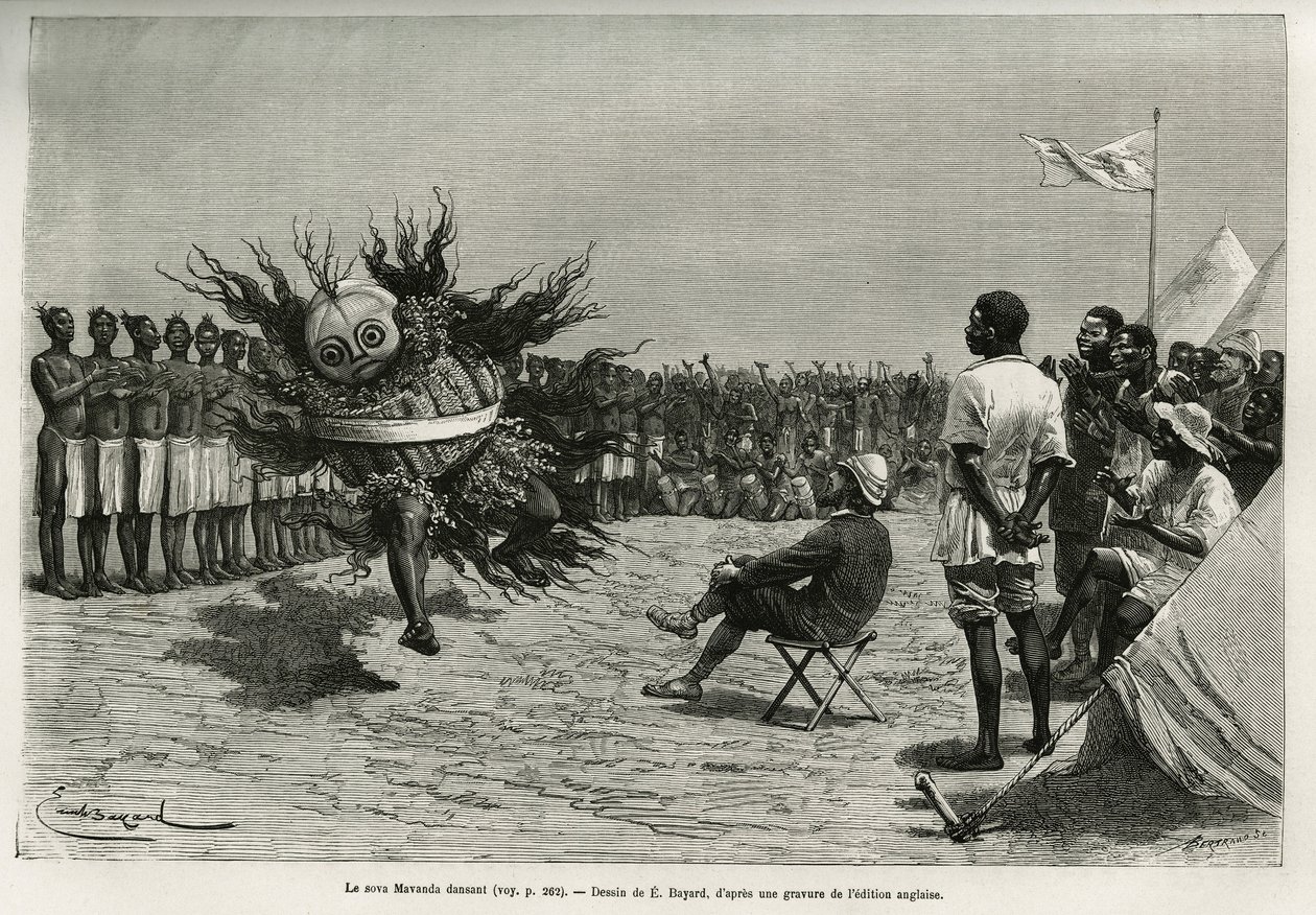 El Sova Mavanda (rey), rodeado de sus hombres que salmodian una canción monótona, bailando frente al mayor. Grabado por Emile Bayard, para ilustrar la historia de cómo he atravesado África, del Océano Atlántico al Océano Índico, por el Mayor Serpa Pinto de Emile Antoine Bayard