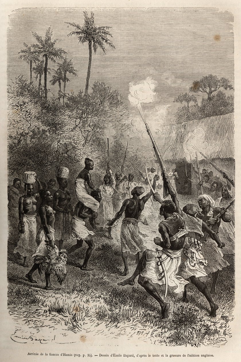 La llegada de la prometida de Hamis al pueblo de Hara (Zambia), califourchon sobre los hombros de un hombre, acompañada por una docena de seguidores cada uno llevando una pequeña cesta de provisiones en la cabeza, grabado después de un dibujo de Emile Baya de Emile Antoine Bayard