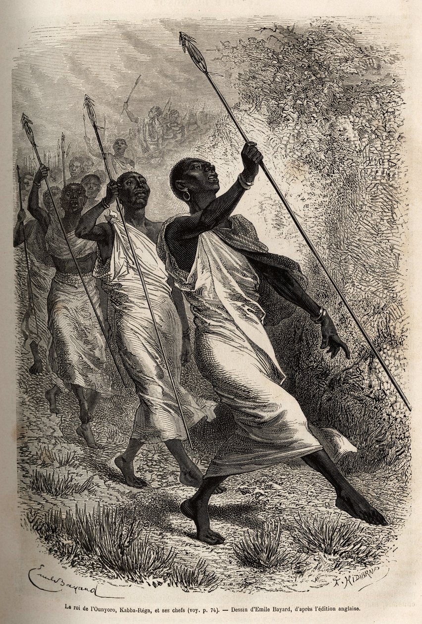 La llegada de Kabba Rega, rey de los Ounyoro (Sudán oriental) y los jefes de su corte, al campamento de Sir Baker para una visita oficial, grabado después de un dibujo de Emile Bayard, ilustrando una expedición en África Central, para la supresión del come de Emile Antoine Bayard