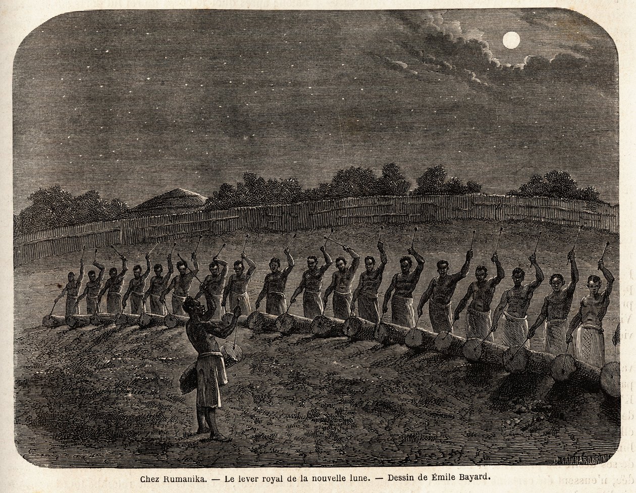 La ceremonia de los tambores para el ascenso de la nueva luna, en la cabeza de la tribu Rumanika, en Karague (oeste del lago Victoria, en la actual Zimbabue), dibujo de Emile Bayard (1837-1891), ilustrando el viaje de descubrimiento del Capitán Speke en Áf de Emile Antoine Bayard