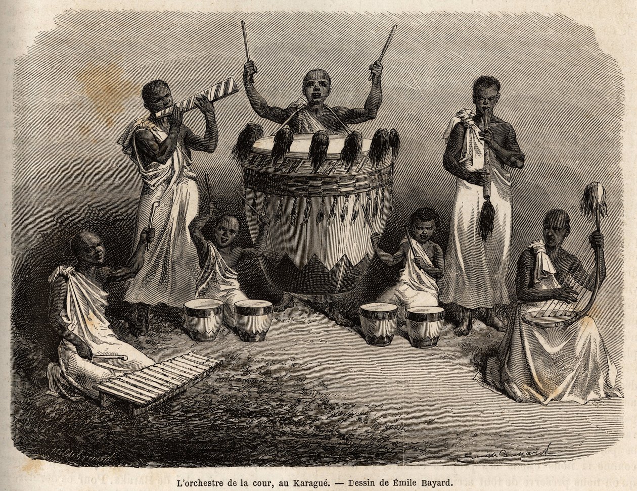 La orquesta de la corte, en el Karague (oeste del Lago Victoria, actual Zimbabue), dibujo de Emile Bayard (1837-1891), ilustrando el viaje de descubrimiento del Capitán Speke en África de 1860 a 1863. Grabado en "Le tour du monde", editado por Edouard Char de Emile Antoine Bayard