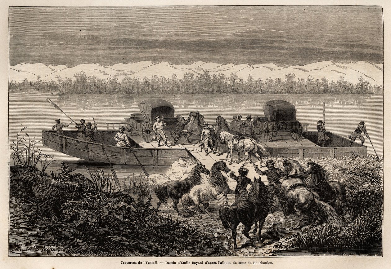 El cruce del río Yenissei (Rusia), dibujo de Emile Bayard (1837-1891) para ilustrar el viaje de Shanghái a Moscú, de 1859 a 1862, de M. de Bourboulon, Ministro de Francia en China. Grabado en "Le tour du monde", editado por Edouard Charton de Emile Antoine Bayard