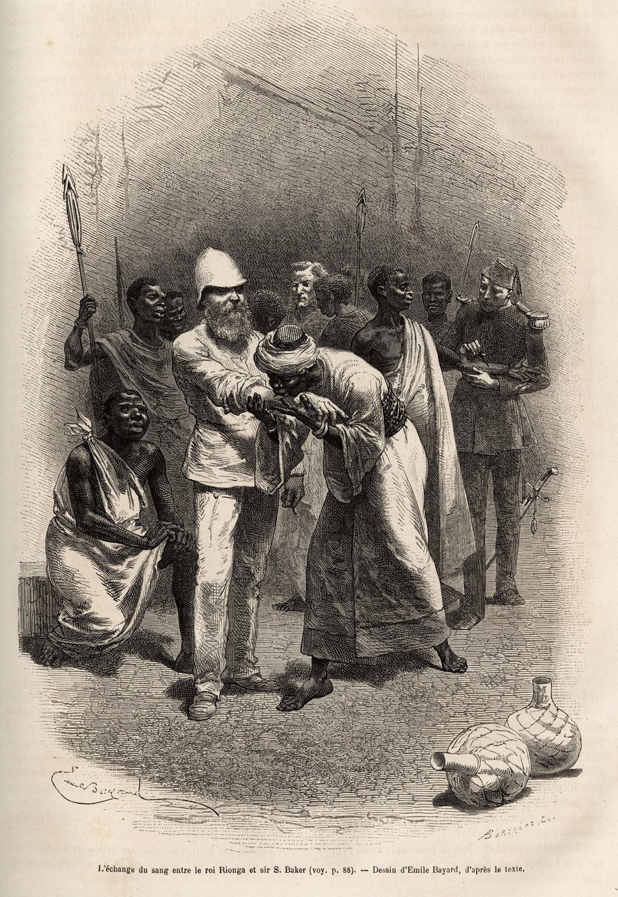 El intercambio de sangre entre el Rey Rionga y Sir Baker, después de beber una gran cantidad de sidra de plátano y pasar una noche en vela y ayuno, se lleva a cabo la ceremonia, cada uno a su vez se corta los antebrazos y bebe una gota de sangre, luego Rio de Emile Antoine Bayard