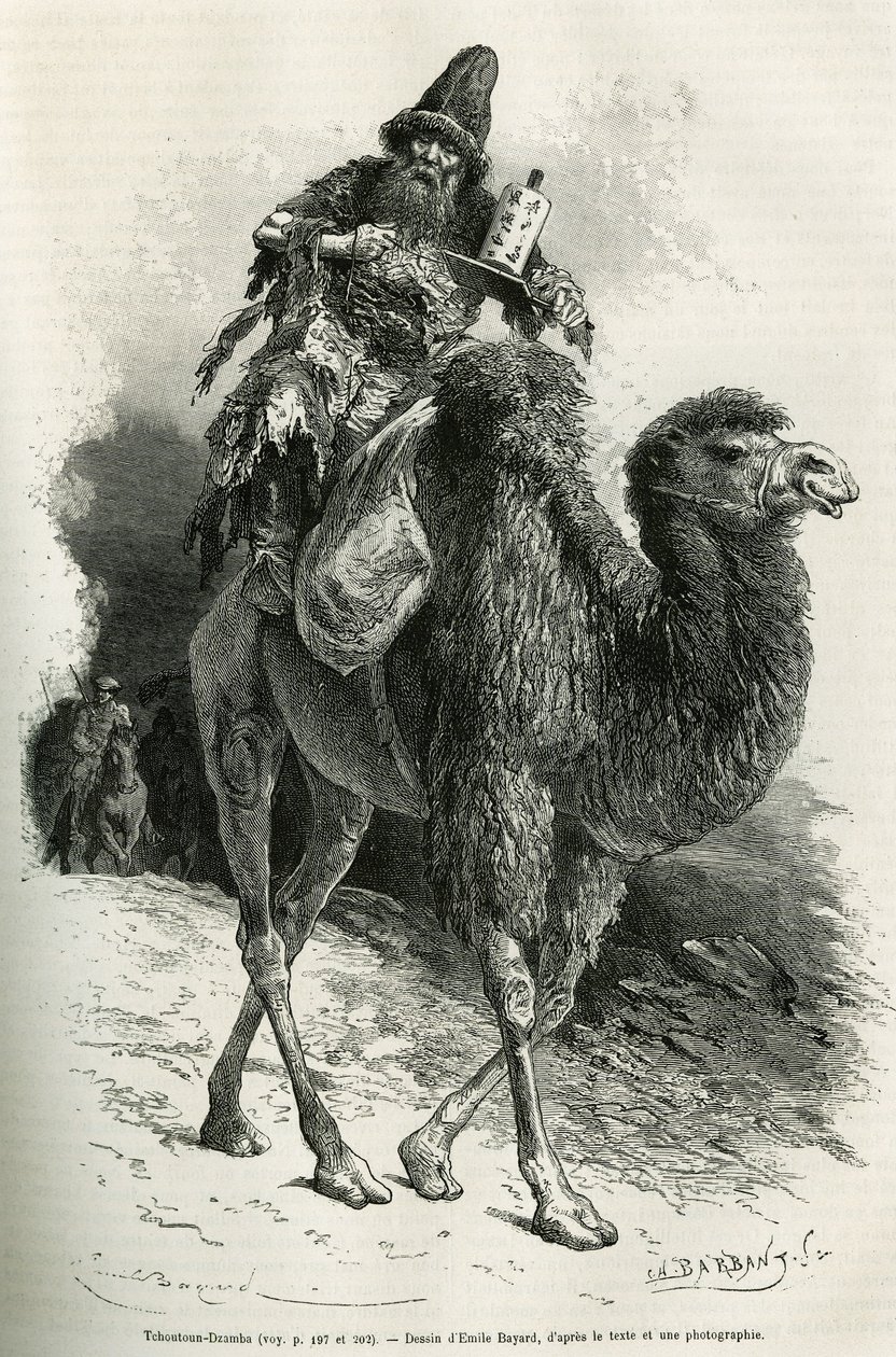 El guía e intérprete de la expedición, Chutun Dzamba, de 58 años, agachado sobre su camello, murmuraba continuamente oraciones, dibujo de Emile Bayard para ilustrar el viaje a Mongolia y la tierra de los Tangutes de 1870 a 1873, por el teniente de Emile Antoine Bayard