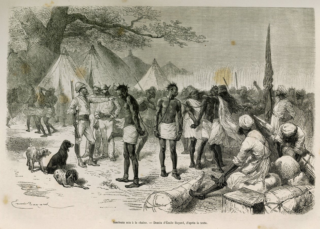 Los porteadores insolentes de la expedición encadenados, dibujo de Emile Bayard, para ilustrar la historia: A través de África, desde Zanzíbar (Tanzania) hasta Benguela (Angola), de 1872 a 1876, por el Teniente V.H. Cameron. Grabado en Le tour du monde de Emile Antoine Bayard